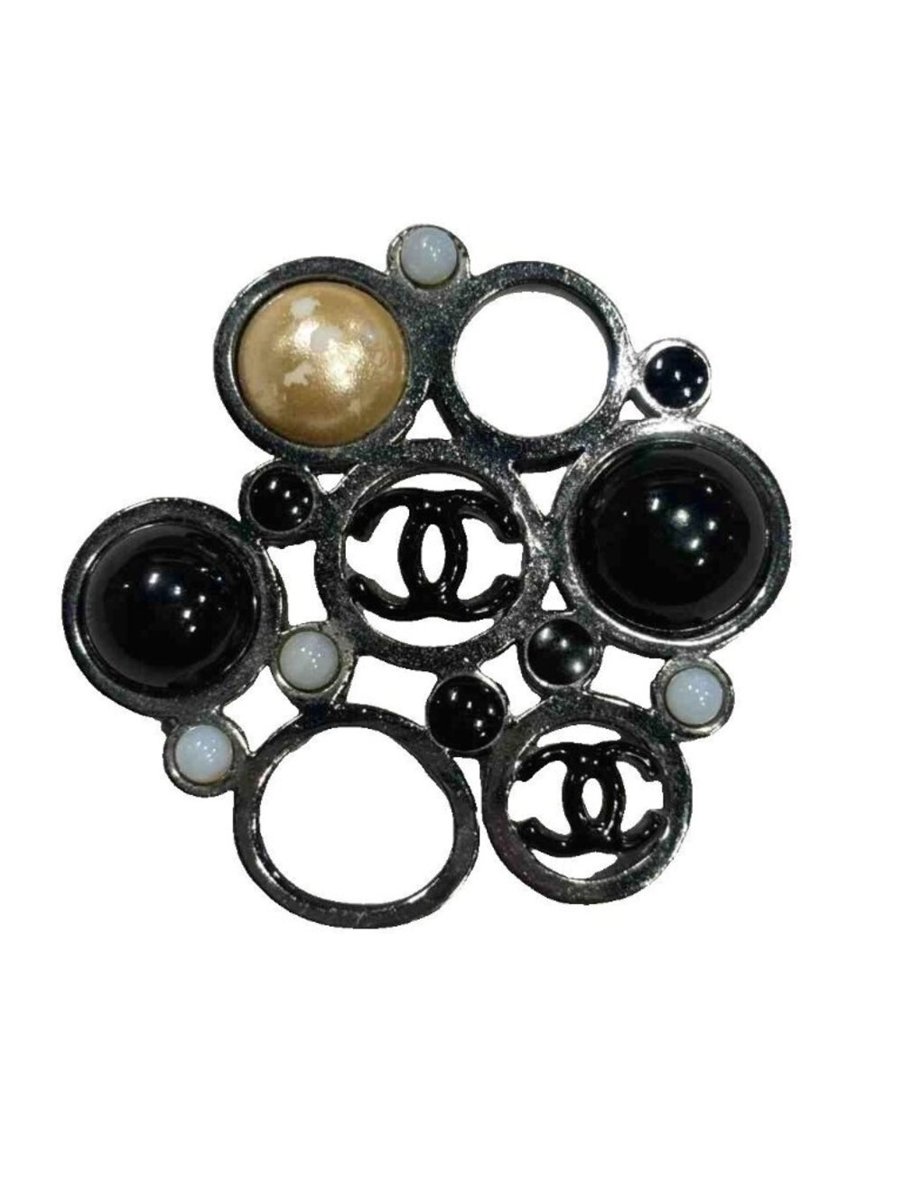 Chanel Brooch CC Logo Faux Pearl Silver Colored